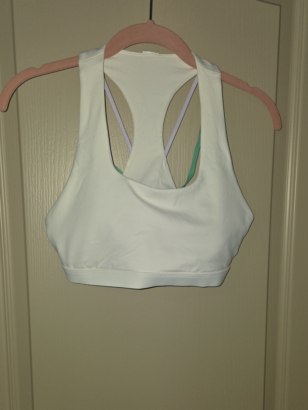 Fabletics White High-Neck Racerback Sports Bra with Contrasting Straps